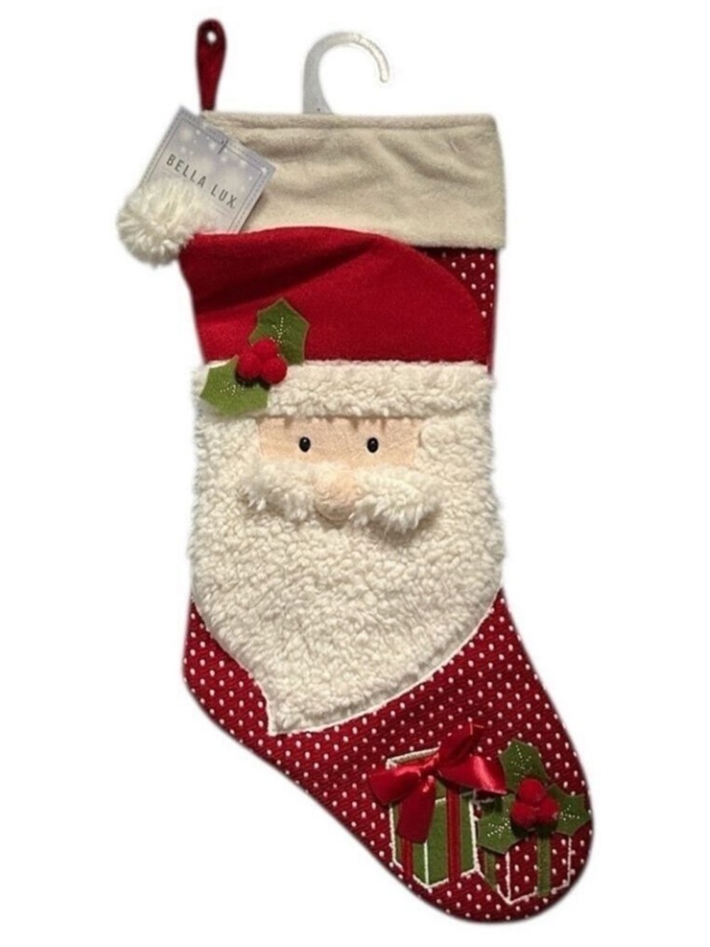 Bella Luxe 21” Christmas Stocking with 3D Santa Face and Faux Fur Beard